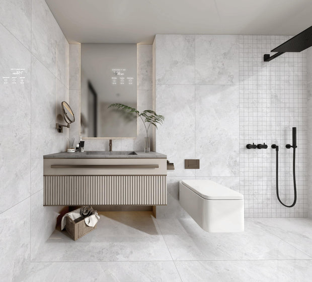 Arctic Tundra White Polished Stone Look Porcelain Tiles 600x1200mm in a room setting