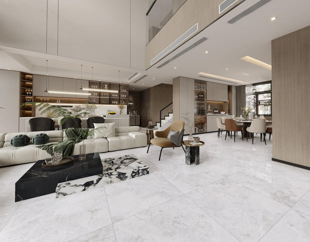 Arctic Tundra White Polished Stone Look Porcelain Tiles 600x600mm in a room setting