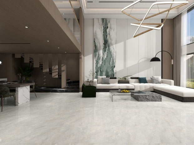 Arctic Tundra White Polished Stone Look Porcelain Tiles 750x1500mm in a room setting