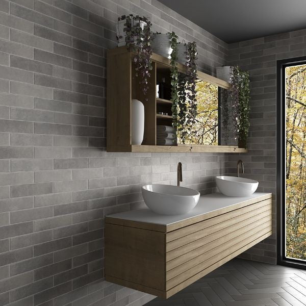 Argile Concrete Matt Porcelain Subway Tiles in a room setting