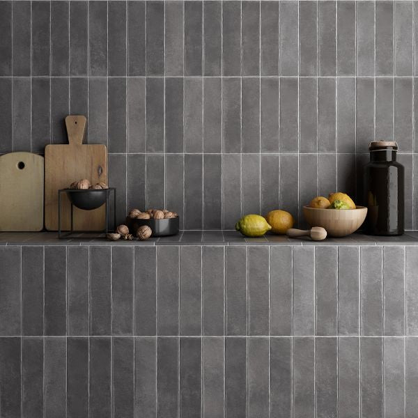 Argile Dark Matt Porcelain Subway Tiles in a room setting