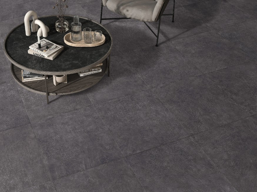 Art Black Matt Concrete Look Porcelain Tiles in a room setting