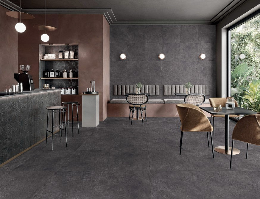 Art Black Matt Concrete Look Porcelain Tiles in a room setting