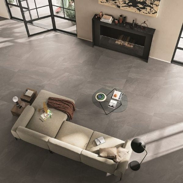 Ashima Grey Matt Stone Look Porcelain Tiles in a room setting