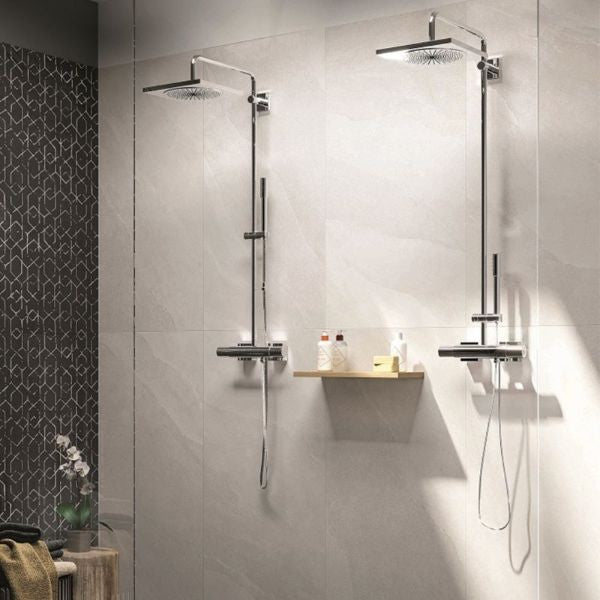 Ashima White Matt Stone Look Porcelain Tiles in a room setting