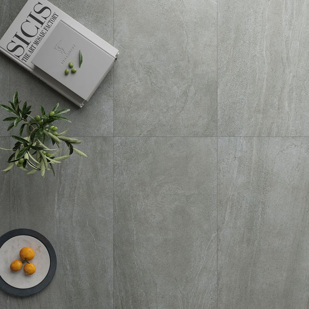 Aspen Charcoal Matt Stone Look Porcelain Tiles 300x600mm in a room setting