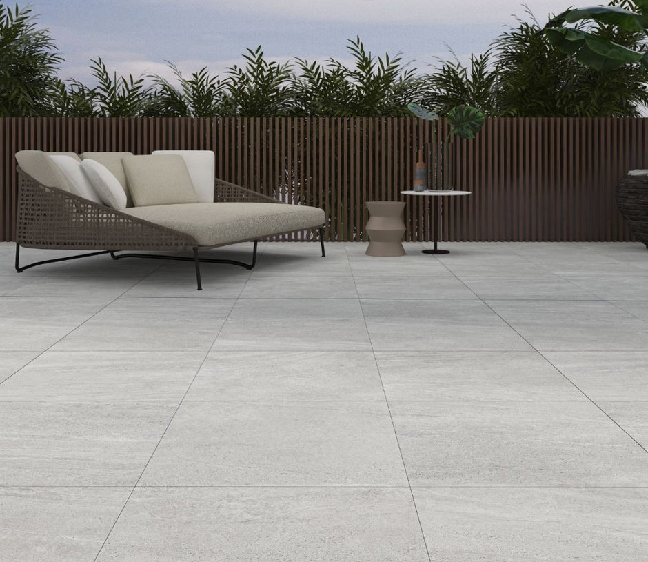 Aspen Silver External Stone Look Porcelain Tiles 600x600mm in a room setting