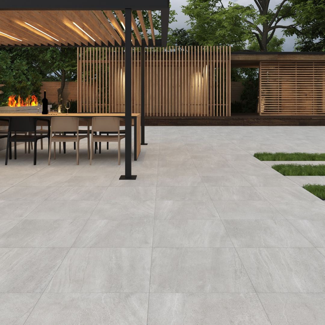 Aspen Silver External Stone Look Porcelain Tiles 600x600mm in a room setting
