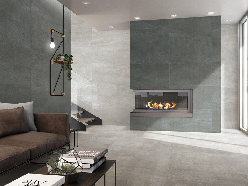 Aspen Silver Matt Stone Look Porcelain Tiles 600x1200mm in a room setting