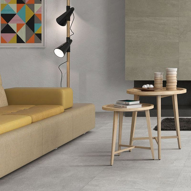 Aspen Silver Matt Stone Look Porcelain Tiles 300x600mm in a room setting