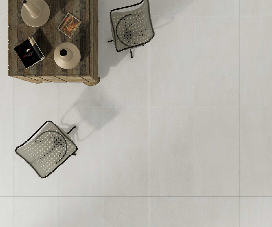 Aspen White Matt Stone Look Porcelain Tiles 600x600mm in a room setting