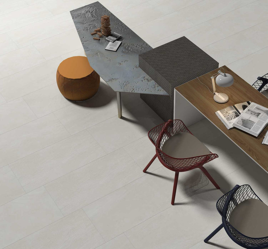 Aspen White Matt Stone Look Porcelain Tiles 600x600mm in a room setting