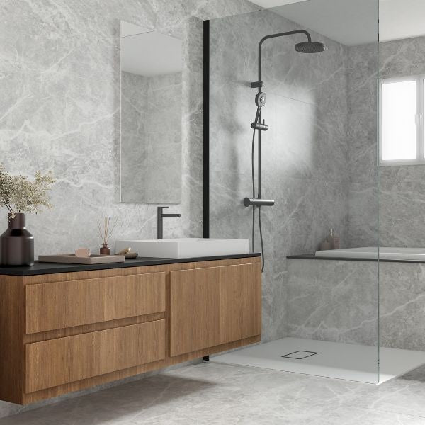 Atrium Grigio Satin Metallic Look Porcelain Tiles in a room setting