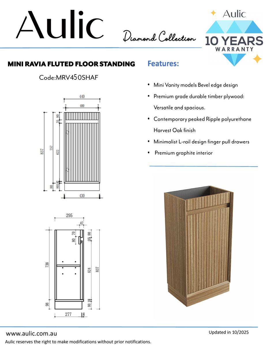 Aulic Mini Ravia Fluted Floor Standing Harvest Oak Cabinet space saver vanity