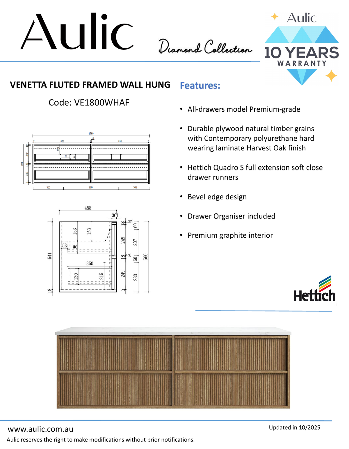 Aulic Venetta Fluted Framed Wall Hung Harvest Oak 1800mm wall hung vanity