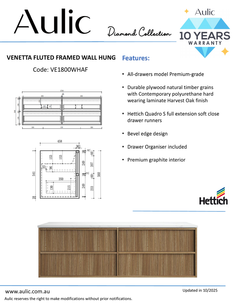 Aulic Venetta Fluted Framed Wall Hung Harvest Oak 1800mm wall hung vanity