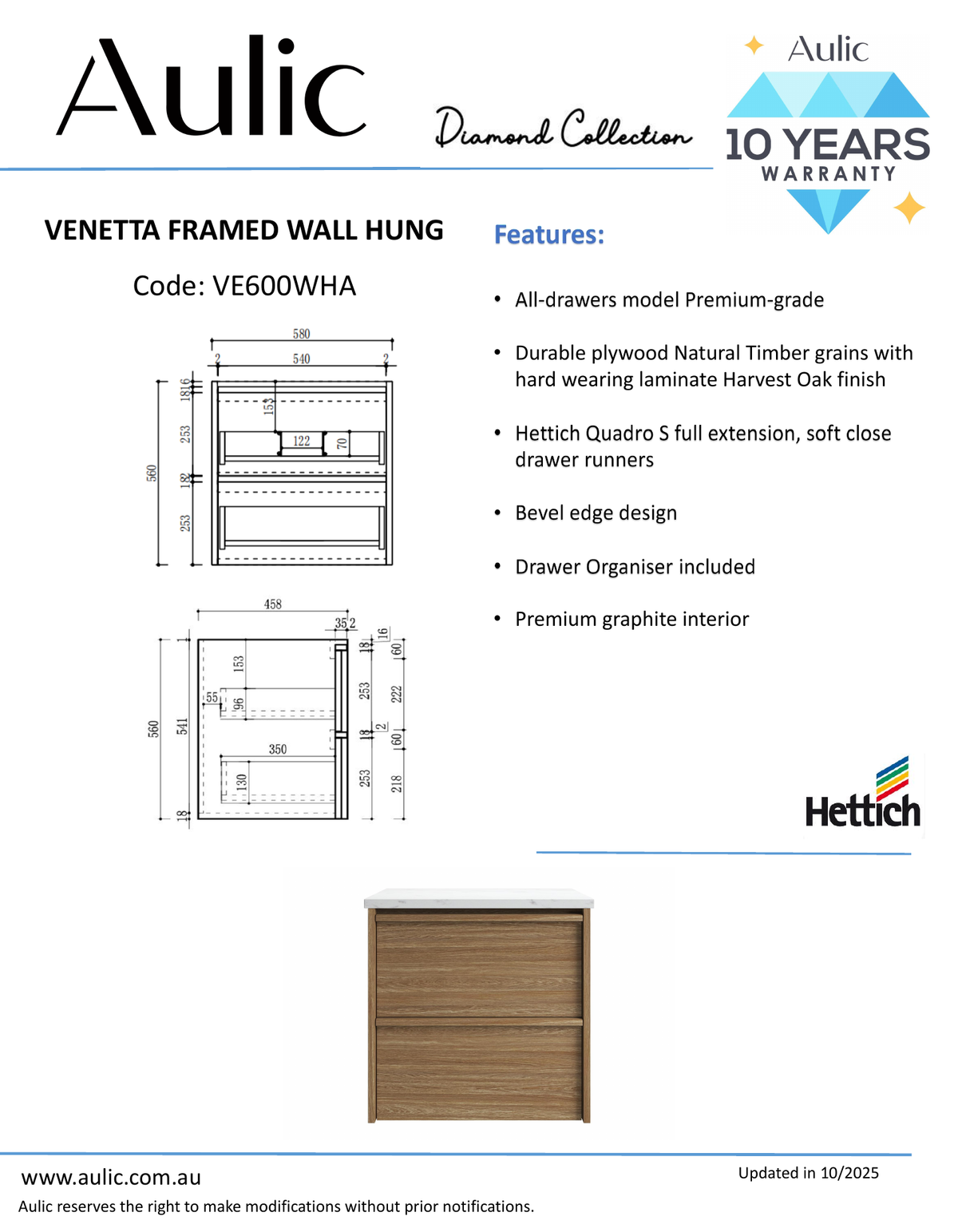 Aulic Venetta Framed Wall Hung Harvest Oak 600mm wall hung vanity