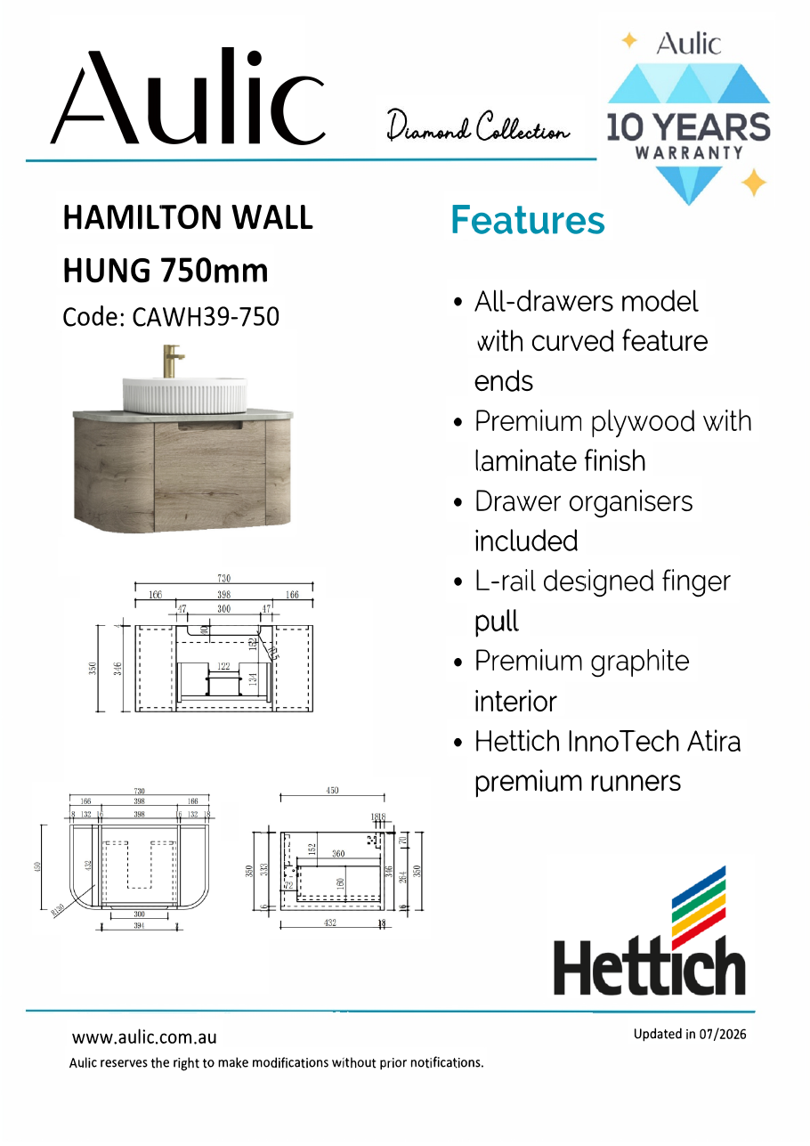 Aulic Hamilton Wall Hung 750mm wall hung vanity