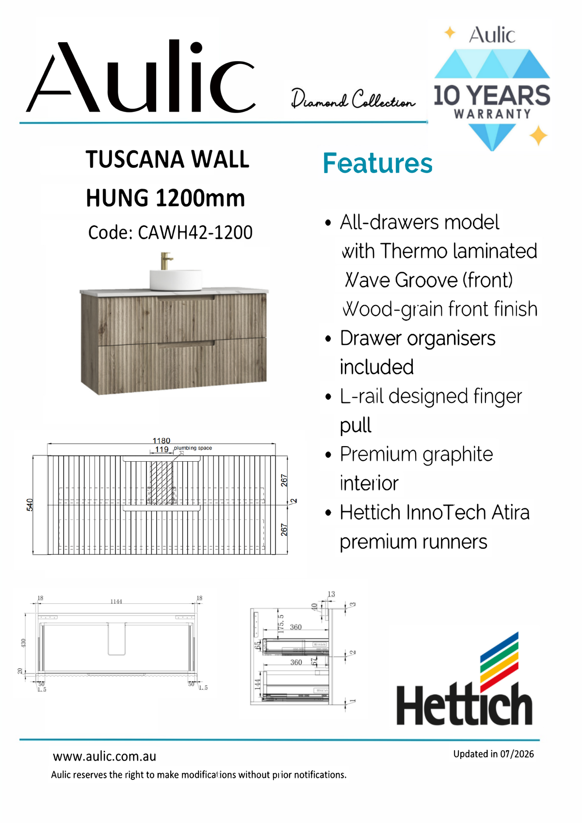 Tuscana Wall Hung 1200mm specification sheet
