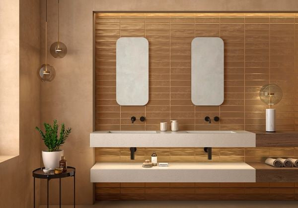 Aurea Gold Matt Ceramic Subway Tiles in a room setting