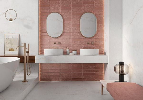 Aurea Gold Rose Matt Ceramic Subway Tiles in a room setting