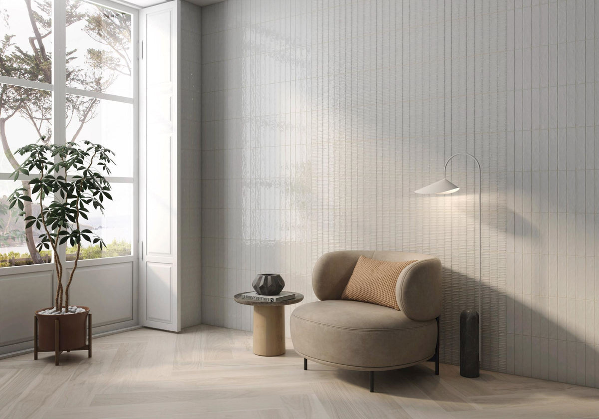 Auristella Blanco Gloss Porcelain Subway Tiles in a room setting