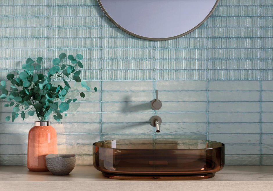 Auristella Verde Gloss Porcelain Subway Tiles in a room setting