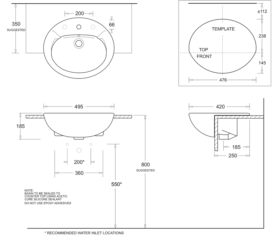Avon Semi Recessed Basin 495 x 420 dimensions line drawing