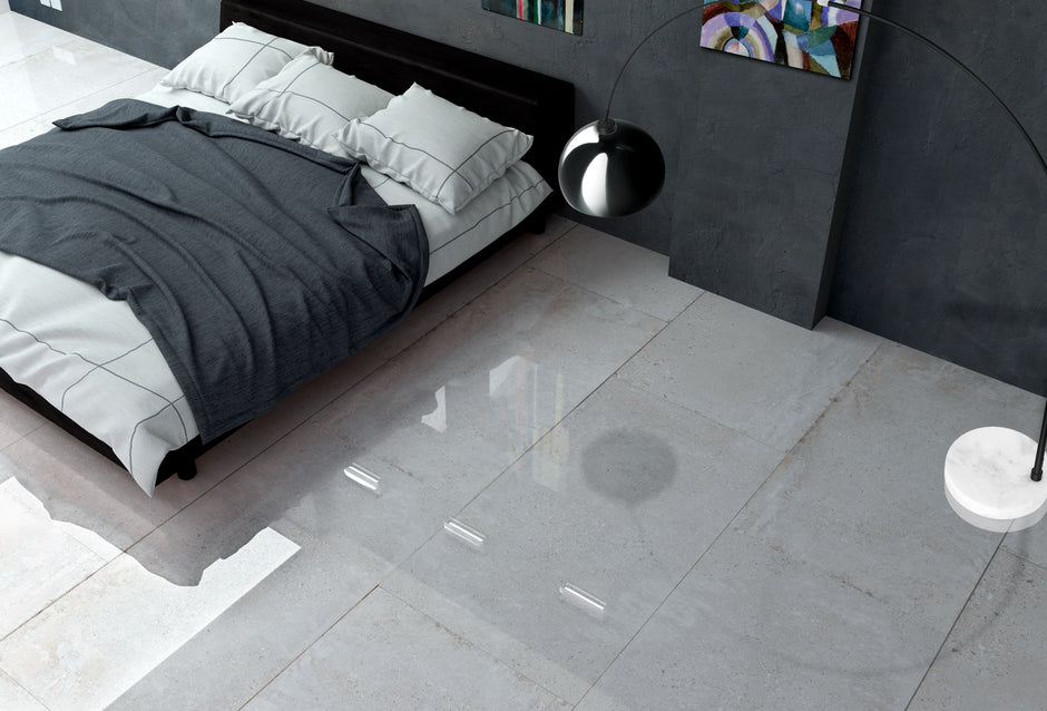 Stone Cement White Concrete Look Porcelain Tiles in a room setting