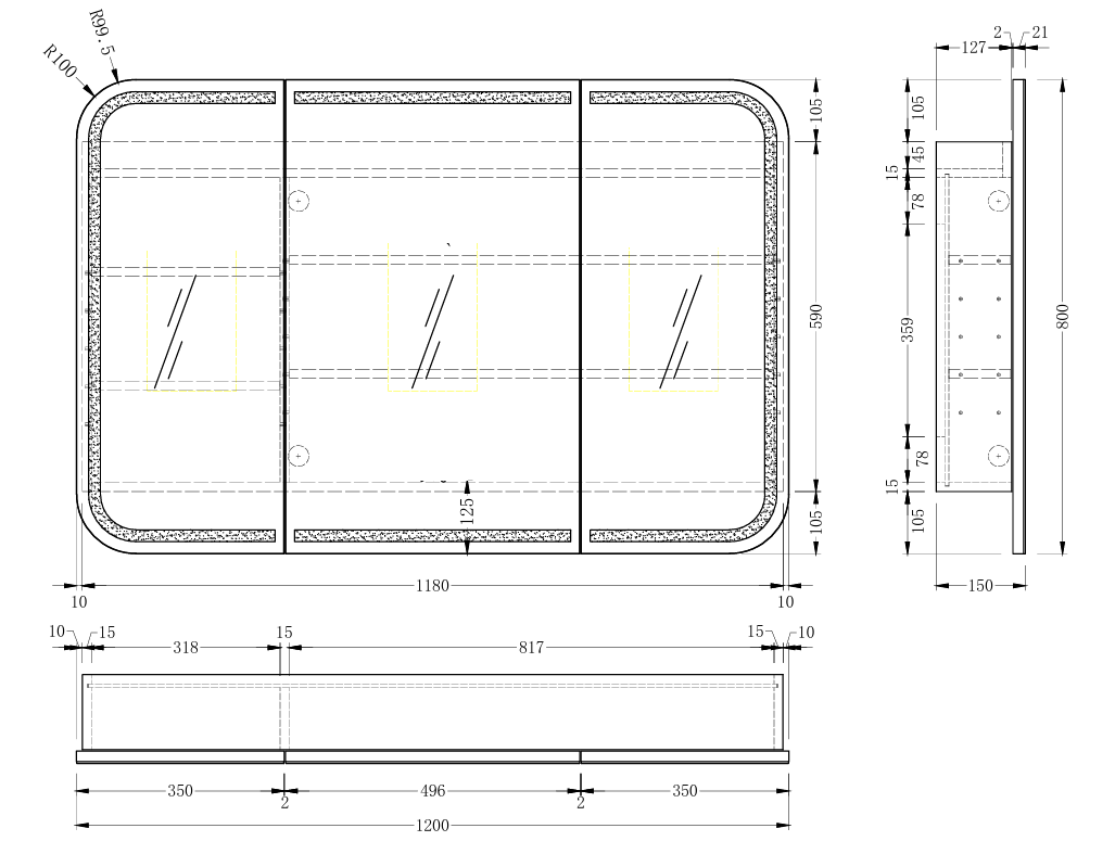 Navona Carysil Grand Rounded Rectangle LED Shaving Cabinet 1200 x 800mm technical drawing