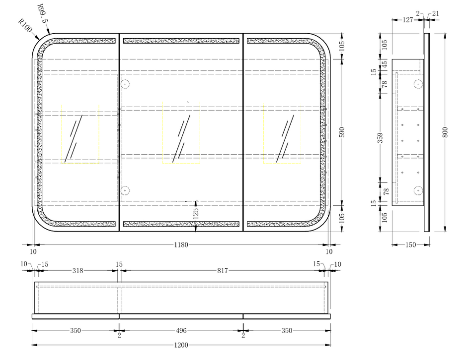 Navona Carysil Grand Rounded Rectangle LED Shaving Cabinet 1200 x 800mm technical drawing