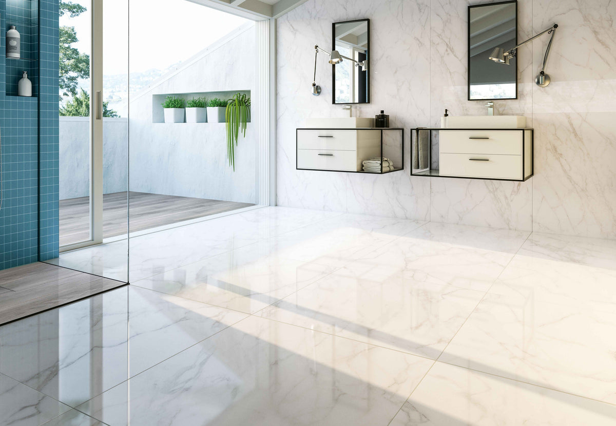 Florence Palladio Marble Look Porcelain Tiles in a room setting