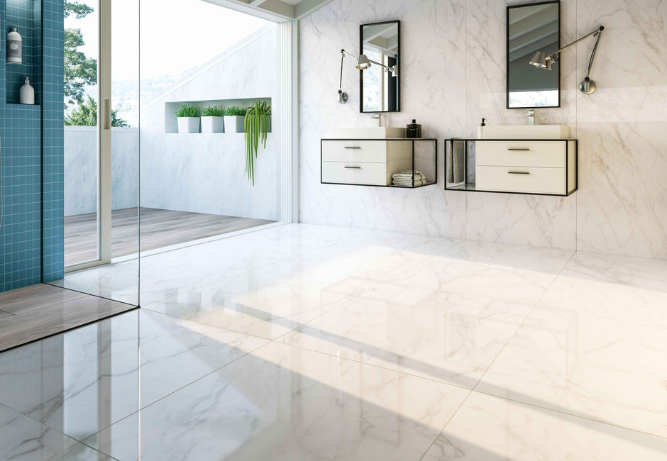 Florence Palladio Marble Look Porcelain Tiles in a room setting