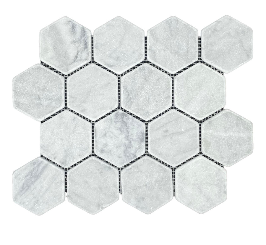 HEXAGON CARRARA TUMBLED CHIP SIZE 70X80 10MM SHEETSIZE 289X250X10MM - 70HEXCART -02