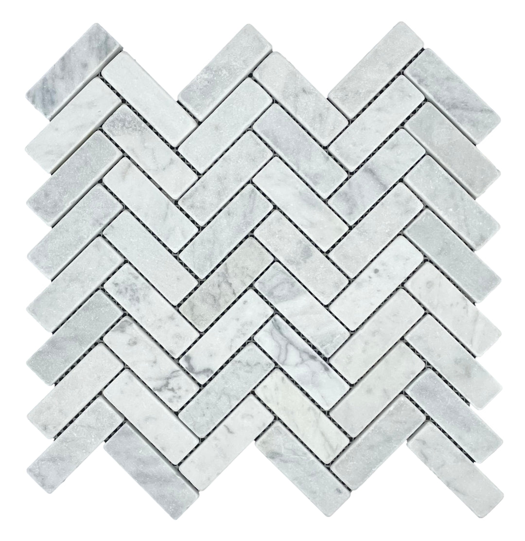 HERRINGBONE CARRARA TUMBLED CHIP SIZE 75X25X10MM SHEET SIZE 325X305 - 72HERCART