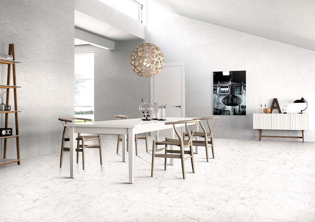 Carrara Venato Polished Marble Look Porcelain Tiles 600x600mm in a room setting
