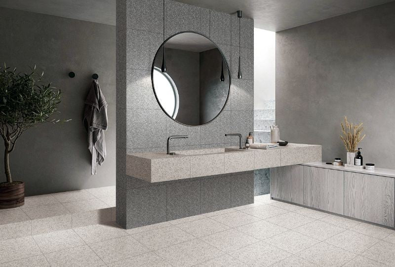 Castle White Matt Terrazzo Look Porcelain Tiles in a room setting
