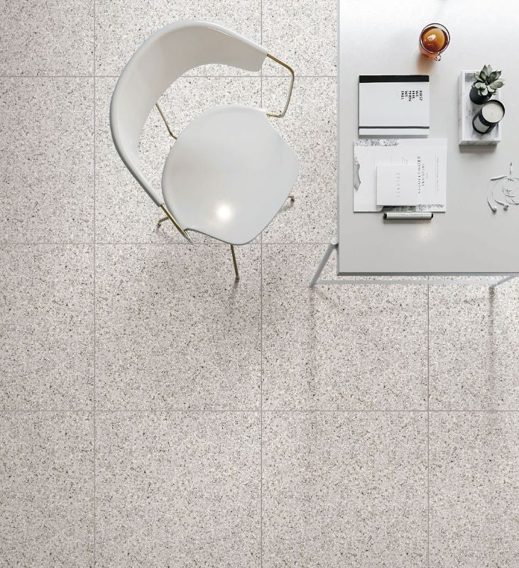 Castle White Matt Terrazzo Look Porcelain Tiles in a room setting