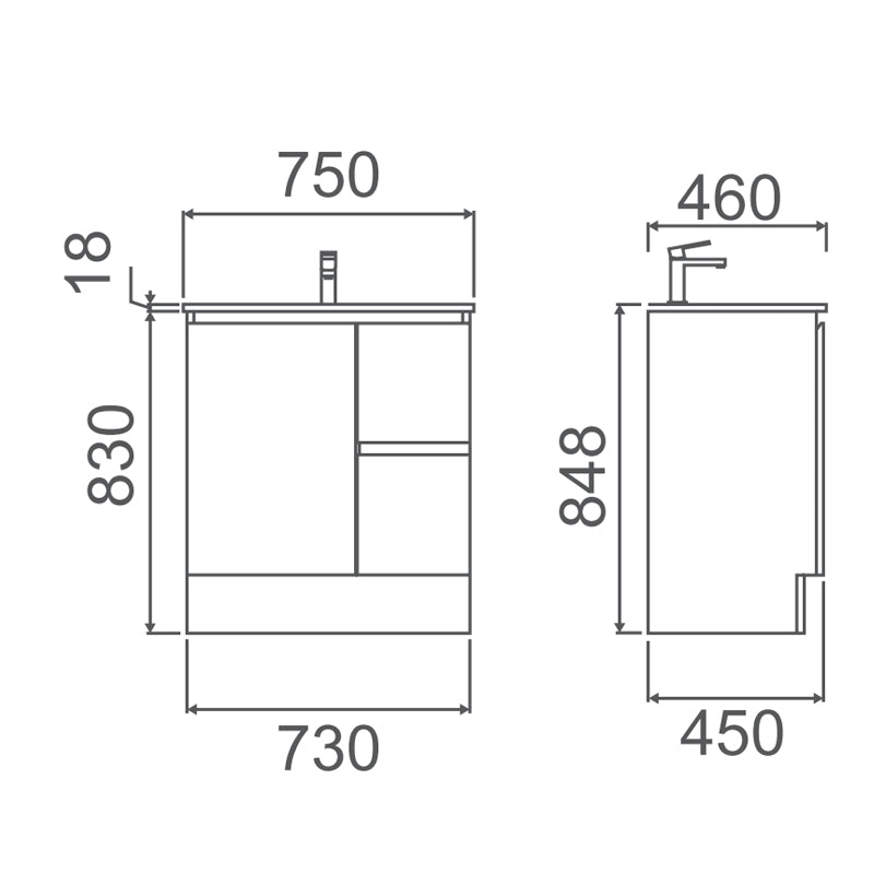 Zenmo Nutro Lux Floor Standing Vanity 750mm line drawing