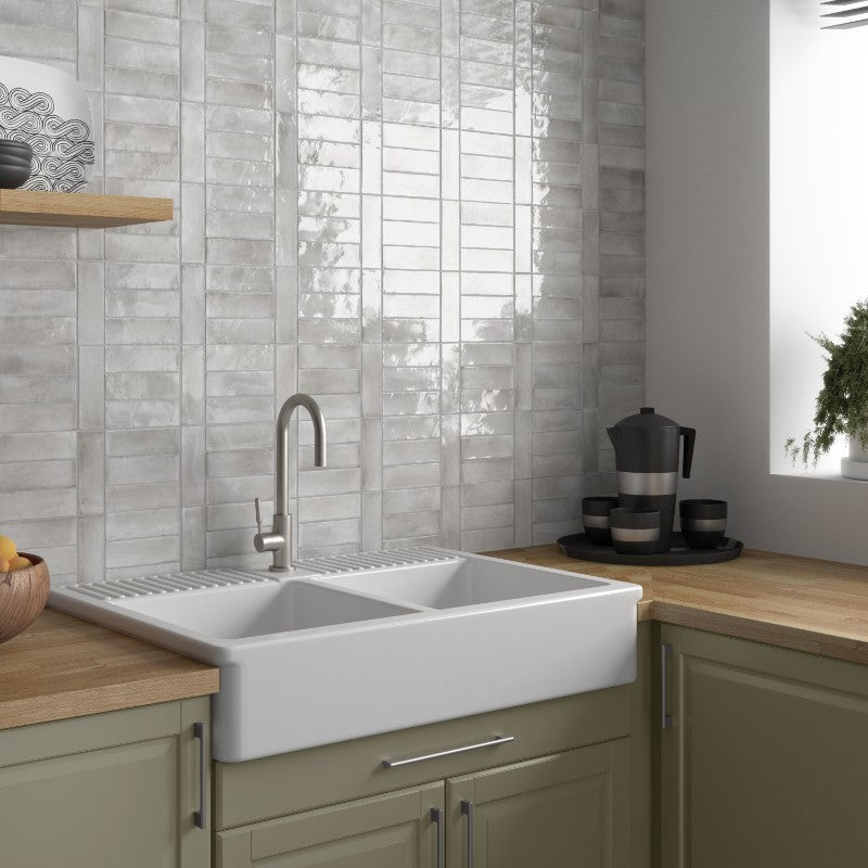 Coco Amber Grey Gloss Porcelain Subway Tiles in a room setting