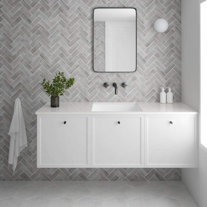 Coco Amber Grey Matt Porcelain Subway Tiles in a room setting