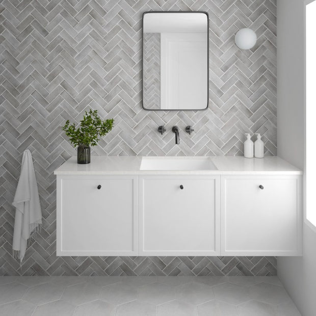 Coco Amber Grey Matt Porcelain Subway Tiles in a room setting