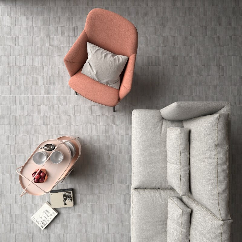 Coco Amber Grey Matt Porcelain Subway Tiles in a room setting