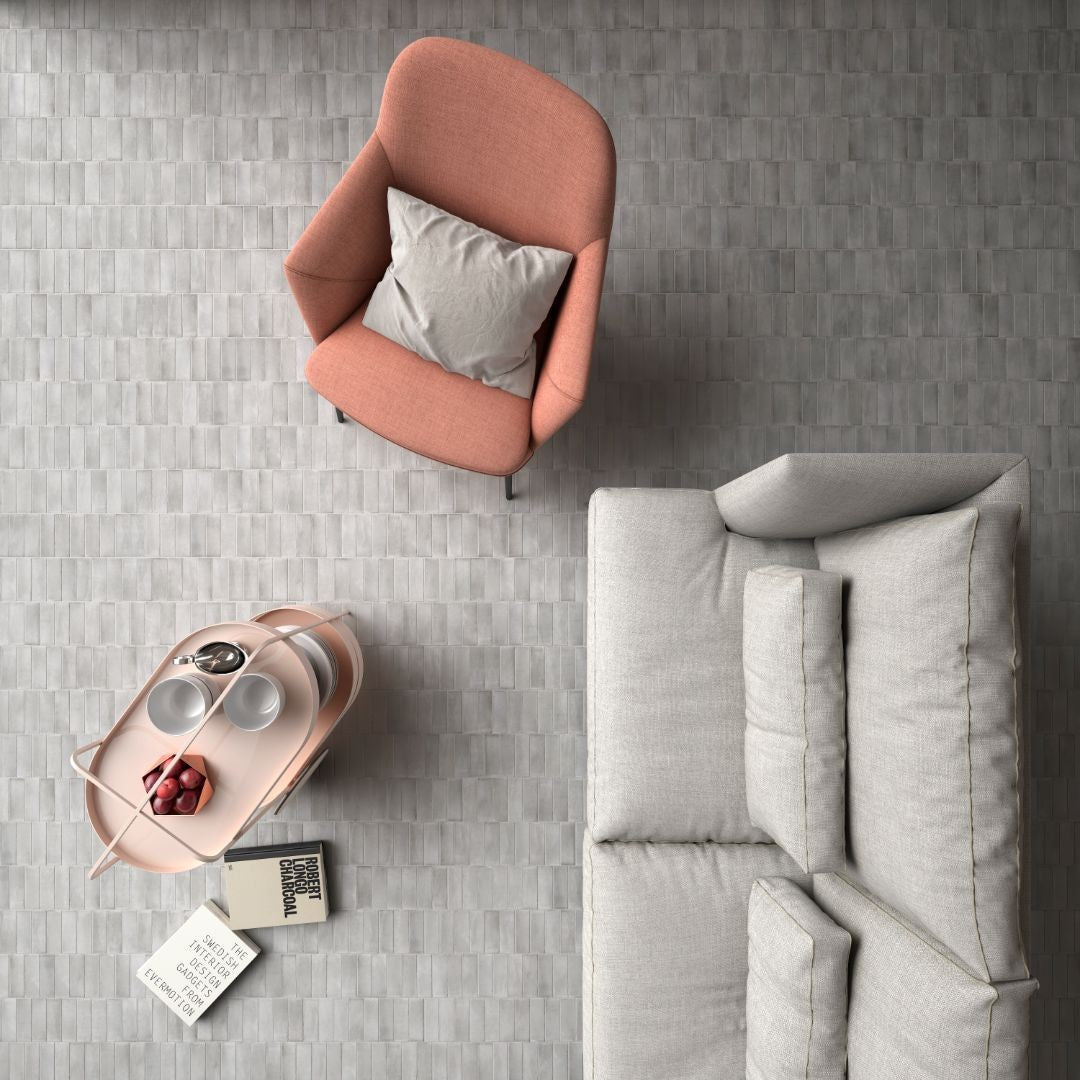 Coco Amber Grey Matt Porcelain Subway Tiles in a room setting