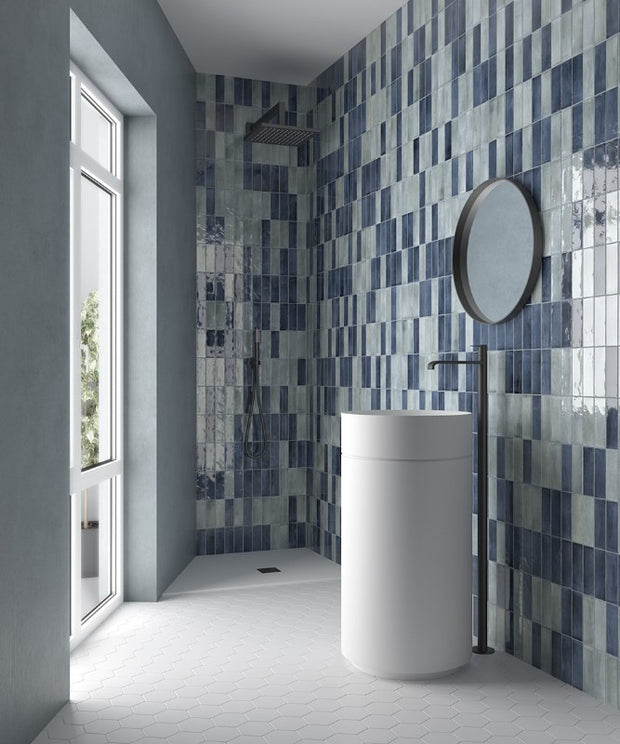 Coco Blue Grass Gloss Porcelain Subway Tiles in a room setting