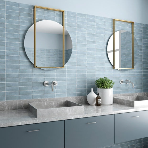 Coco Blue Grass Matt Porcelain Subway Tiles in a room setting