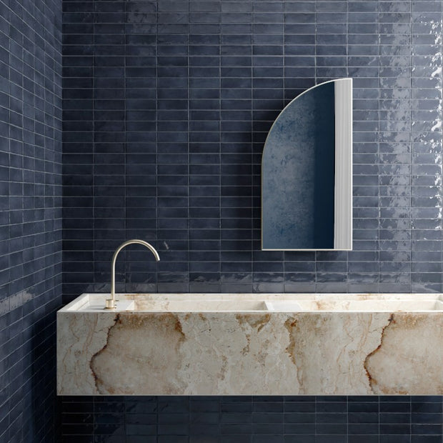 Coco Blue Night Gloss Porcelain Subway Tiles in a room setting