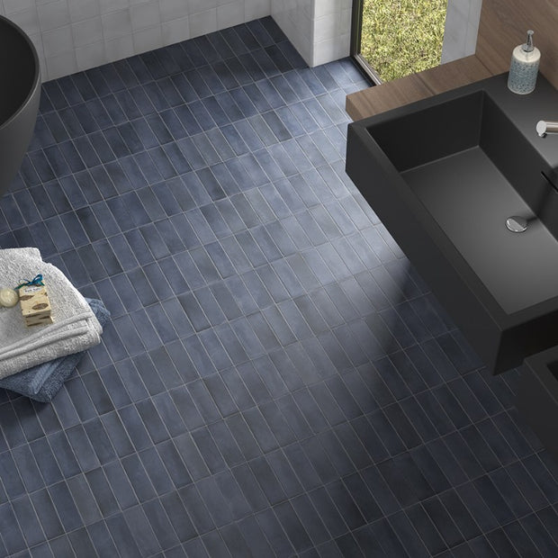 Coco Blue Night Matt Porcelain Subway Tiles in a room setting