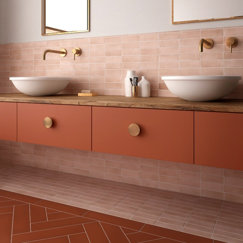 Coco Orchard Pink Matt Porcelain Subway Tiles in a room setting