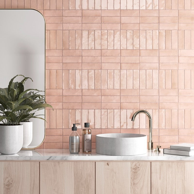 Coco Orchard Pink Matt Porcelain Subway Tiles in a room setting